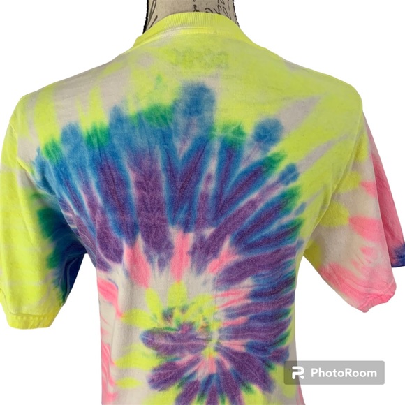 ACDC Band Tie Dye Graphic Crew Neck Unisex Tee Shirt Pink Blue Yellow Small - Picture 8 of 8